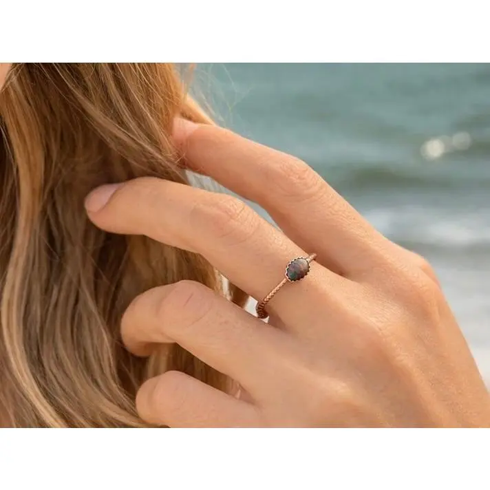 Australian Boulder Opal Doublet Ring Size 10, 14k Rose Gold Filled Ring, Dainty Opal Stacking Ring, Sterling Silver Setting, Handmade Ring