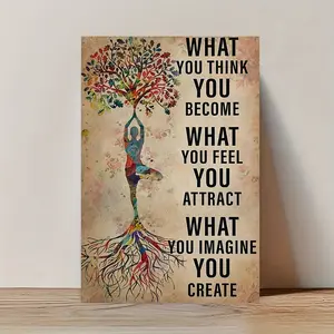MOJDI 2D Flat Style Vintage Yoga Canvas Wall Art - 1-Piece Frameless Poster (30.48x45.72cm) with Inspirational Quote "What You Think, You Become", Artistic Wood Hanging Artwork, Decorative Home Decor for Bedroom, Perfect Gift for Yoga Enthusiasts