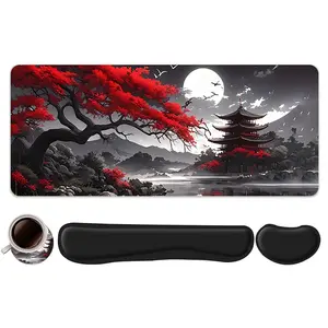 4pcs Japan Maple Leaf Scenery Design Mouse Pad + Keyboard Wrist Rest + Ergonomic Mouse Pad + Coaster Set For Desktop Decoration, Office Accessories Set Ergonomic Wrist Support, Computer Mat Mouse Pad Coaster For Home Office Gaming Desktop Accessory