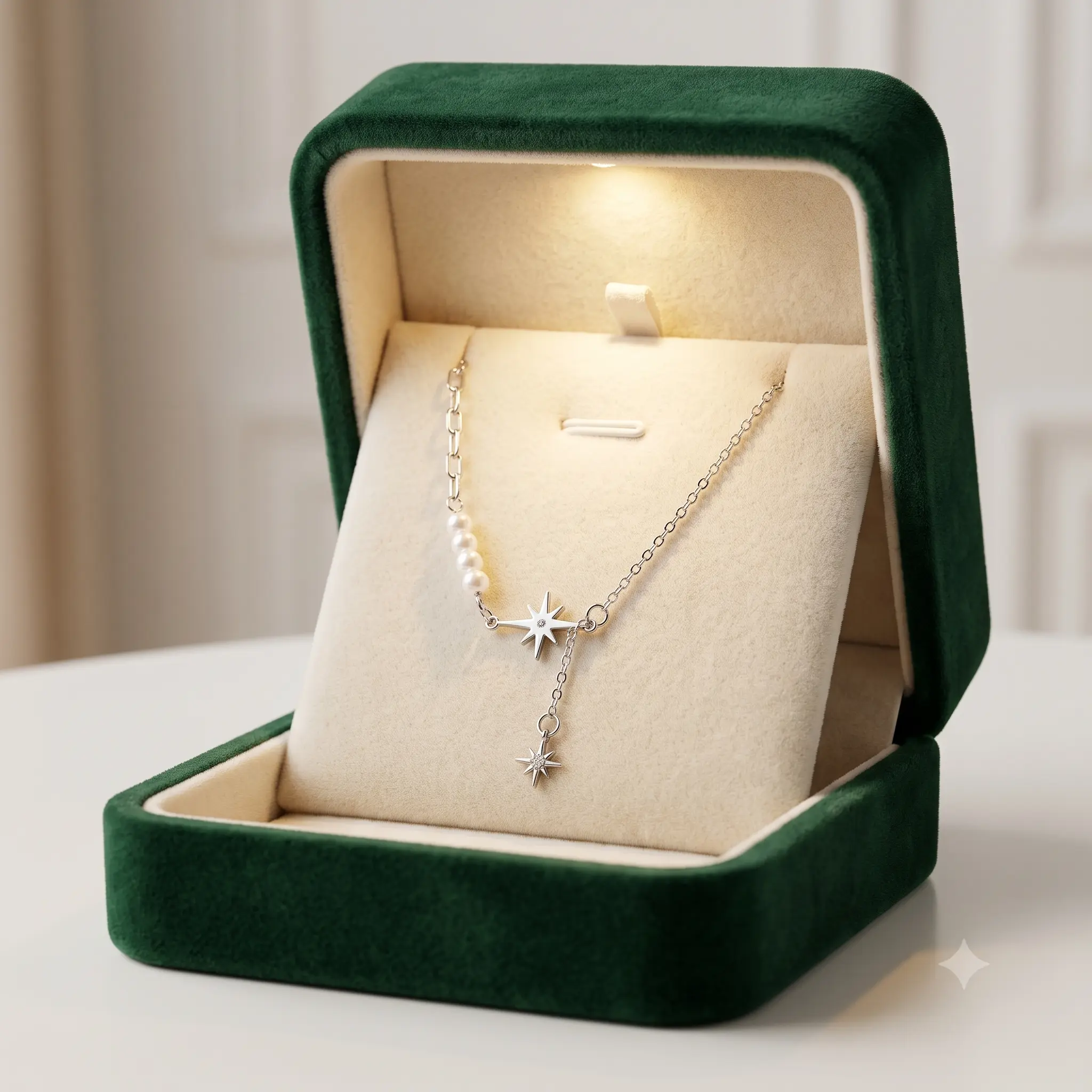 S925 Sterling Silver Gentle North Star & Pearl Asymmetrical Necklace for Women