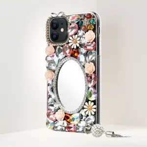 Rhinestone Flower Handheld Makeup Mirror Cellphone Case - Detachable Chain, Cute Protective Casing for iPhone 16,15,14,13,12,11 Pro Max & Plus Devices, Mobile Phone Accessories