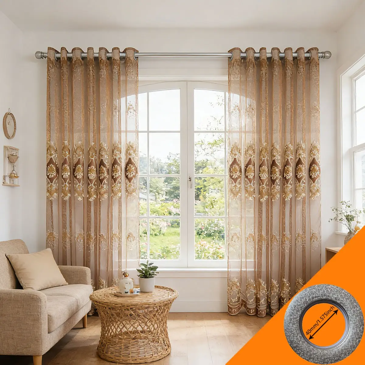 2pcs European Luxury Coffee Gold Heavy Embroidery Sheer Curtain, Living Room Arched Floor-To-Ceiling High Transparency Window Shade, Vintage Balcony Curtain