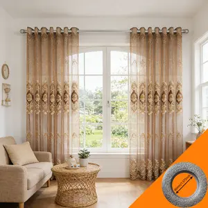 2pcs European Luxury Coffee Gold Heavy Embroidery Sheer Curtain, Living Room Arched Floor-To-Ceiling High Transparency Window Shade, Vintage Balcony Curtain