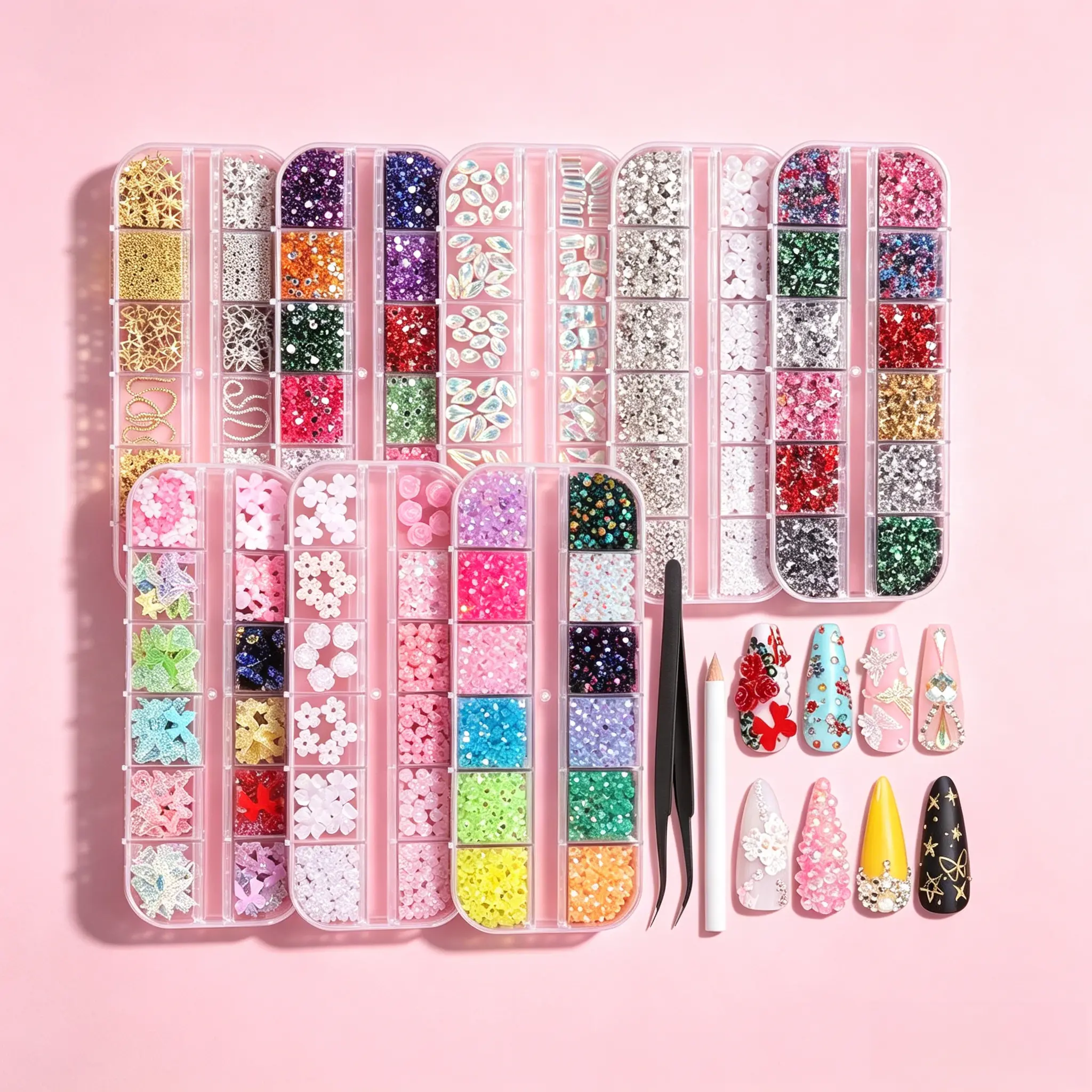 8 Boxes Y2K Nail Charms Kit, Multi Shapes Flatback Rhinestones Pearls, 3D Clear Colorful Nail Gems Jewels DIY Nail Art Decorations for Women Salon Craft