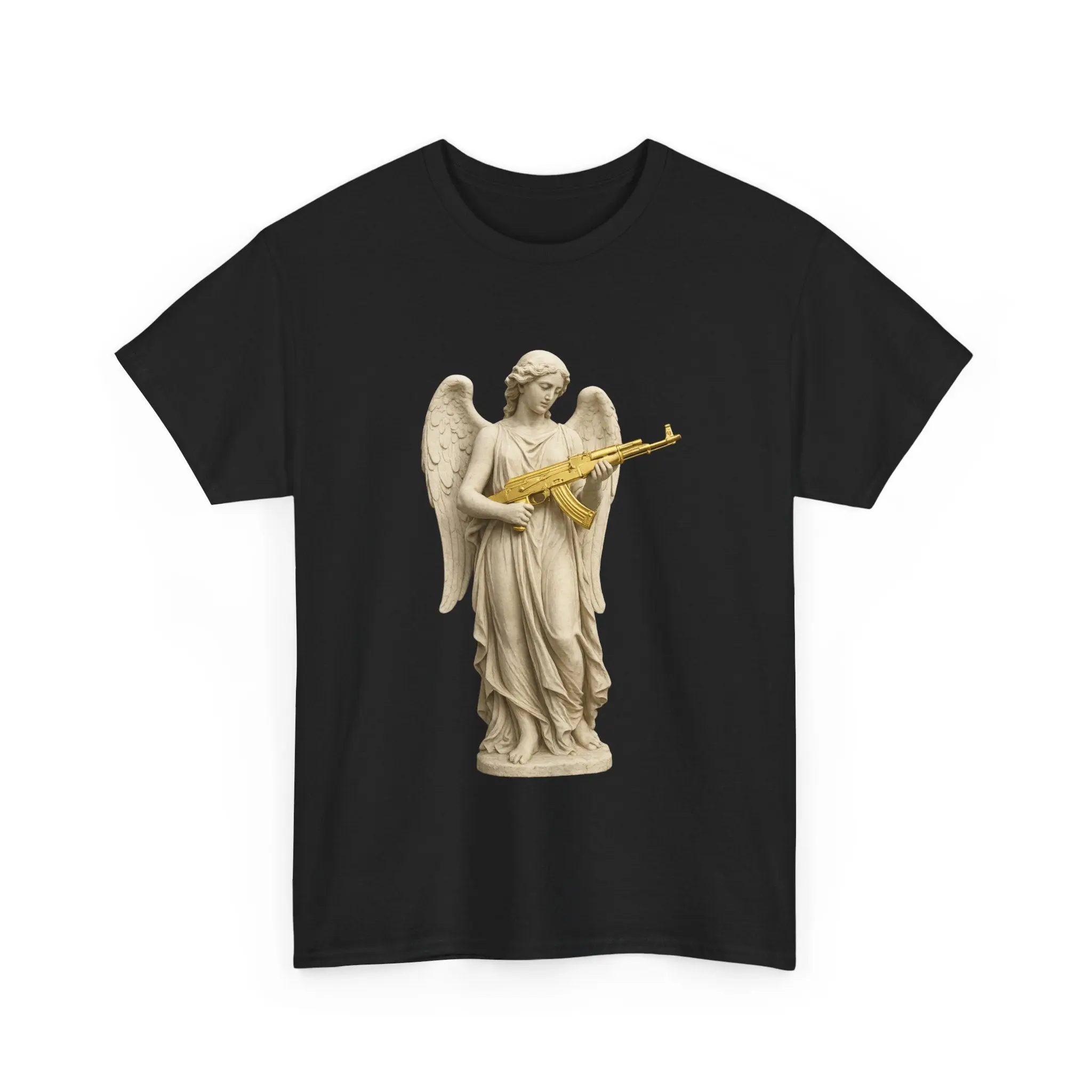 Marble Angel with Gold AK-47 T-Shirt  Gildan 5000 Divine Chaos Tee Casual Cotton Menswear Classic Unisex Graphic Golden Top Aesthetic