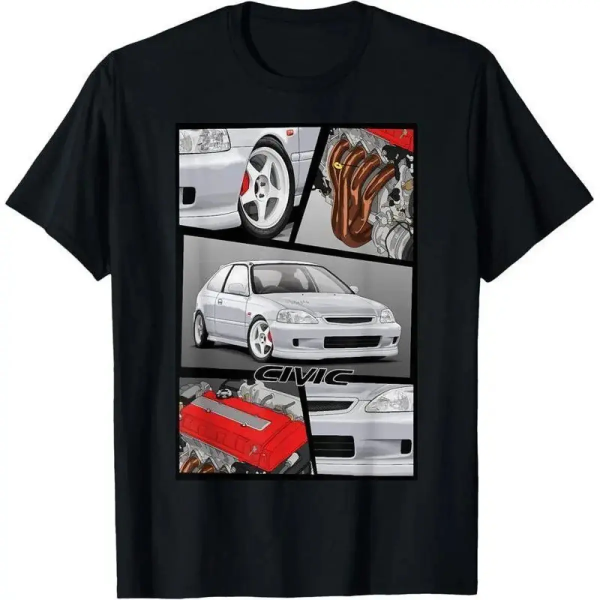 Women's Casual Graphic Tshirt with a JDM Digital Engine Print, Stretchy Cotton Blend Tee for All Seasons Outfits, Basic, Smooth