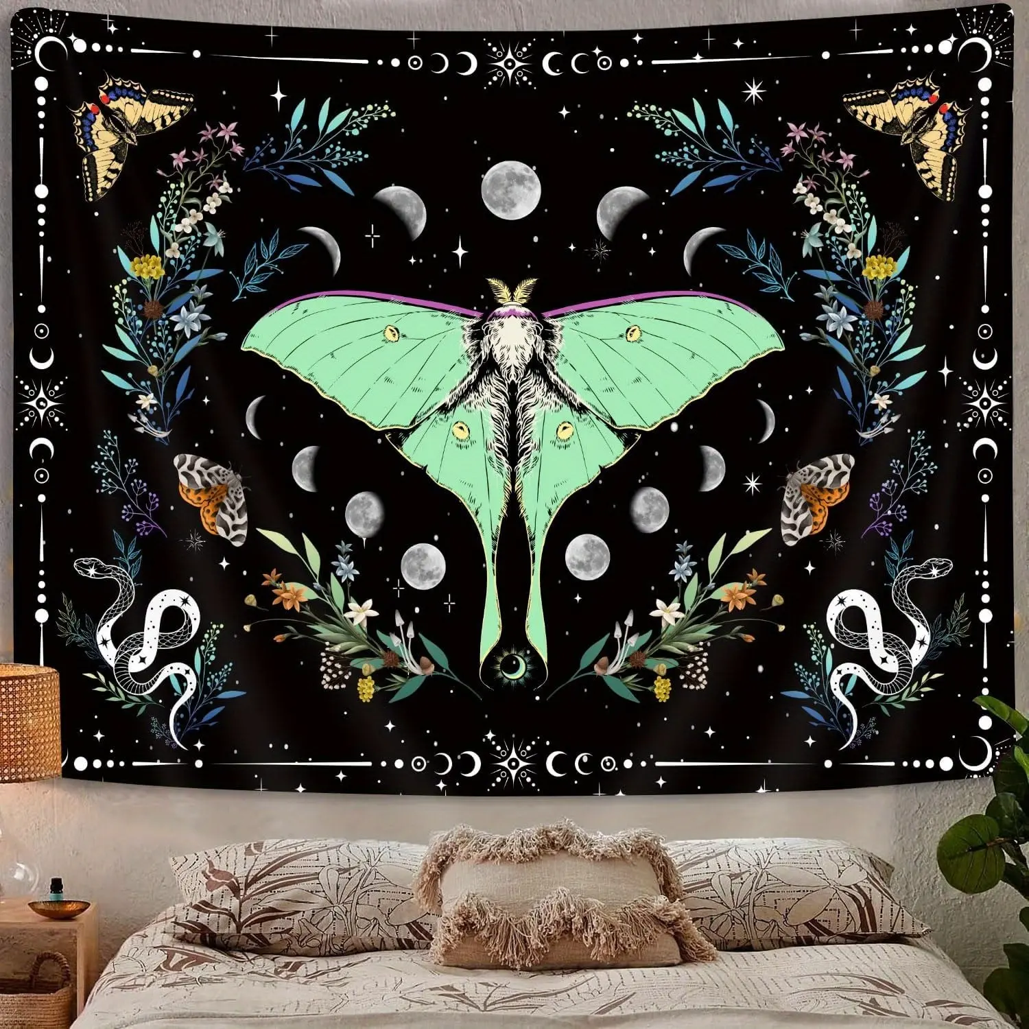1pc Bohemian Butterfly Flower Aesthetics Vertical Tapestry, Moon Phase Sun Moon Art Tapestry, Cute Moth Retro Plant Fairy Flower Tapestry Hanging on Bedroom Living Room Dormitory Wall Decor Black