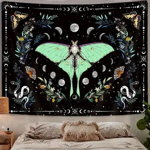 1pc Bohemian Butterfly Flower Aesthetics Vertical Tapestry, Moon Phase Sun Moon Art Tapestry, Cute Moth Retro Plant Fairy Flower Tapestry Hanging on Bedroom Living Room Dormitory Wall Decor Black