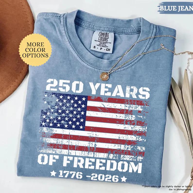 Comfort Colors Distressed American Flag T-Shirt, 250 Years of Freedom Graphic Tee, Patriotic 4th of July Shirt, Vintage USA Independence Day Top, Retro Americana Celebration Apparel, America 250th Anniversary Gift for Women & Men