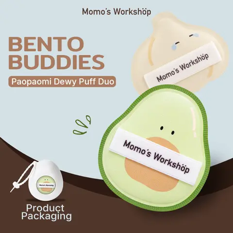 Momo's Workshop Bento Buddies PAOPAOMI Puff Duo Facial Cosmetics 2-Piece Hydropolyurethane Foundation Sponge Set, PU Leather Handle, Even Coverage, Dry/Wet Use, All-Day Wear, Travel-Friendly, Storage Case, Hygienic Beauty Tool for Anyone