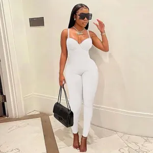 Womenswear Trendy White Adjustable Spaghetti Strap Push Up Bodycon Cami Casual Jumpsuit
