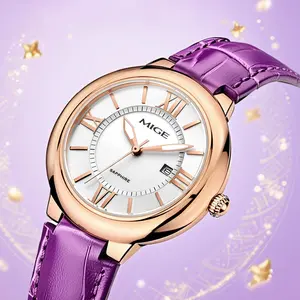 MIGE Women's Quartz Watch with Purple Leather Strap Rose Gold Case & Sapphire Crystal Elegant Stylish Timepiece for Ladies