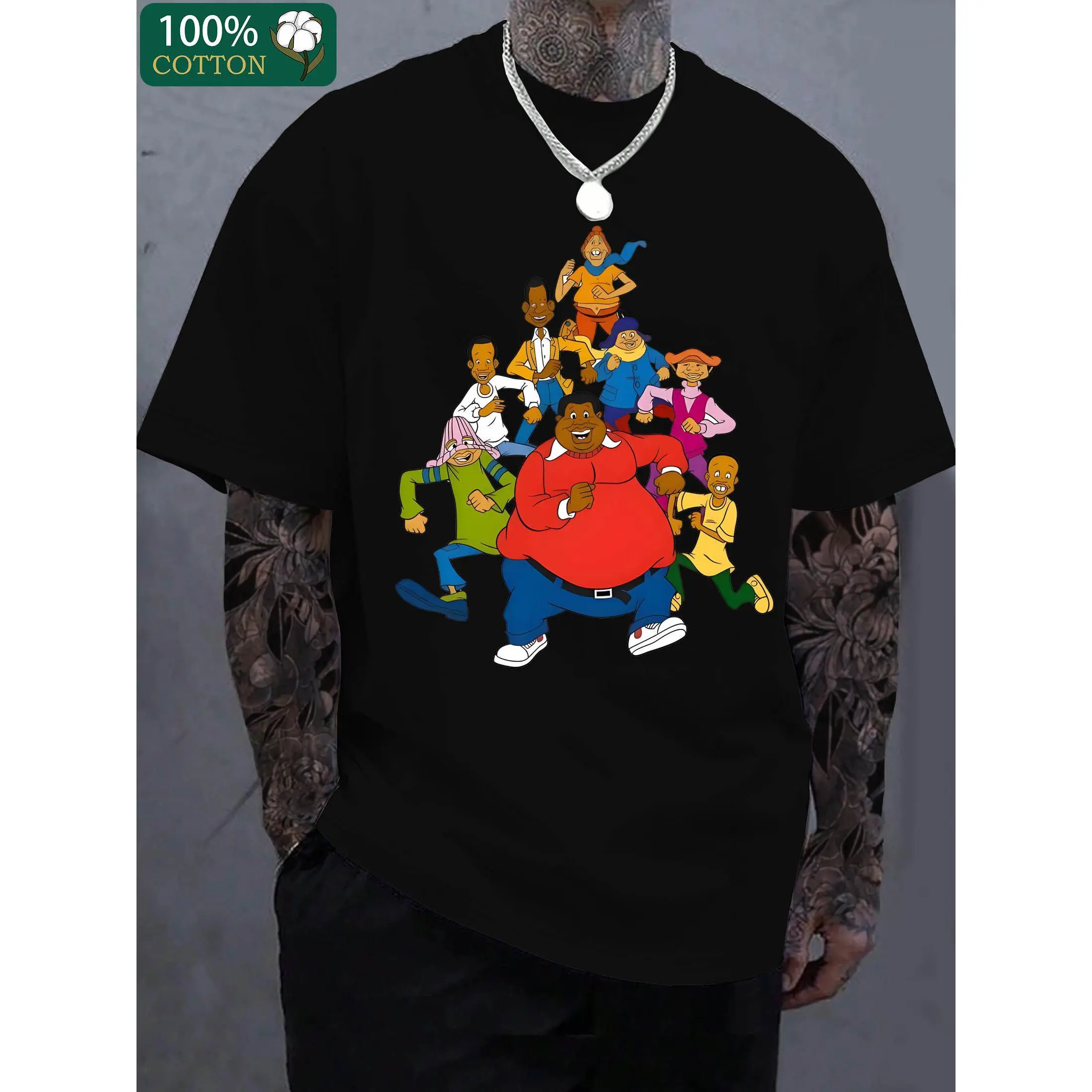 Men's Classic Oversized Fat Albert & Cosby's Child Pattern Graphic T-Shirt - 180g Thick Cotton Fabric, Boutique Menswear, Short-Sleeved Crewneck, High-Quality USA-Made Black Casual Everyday Sport & Outdoor Tee, Shortsleeve