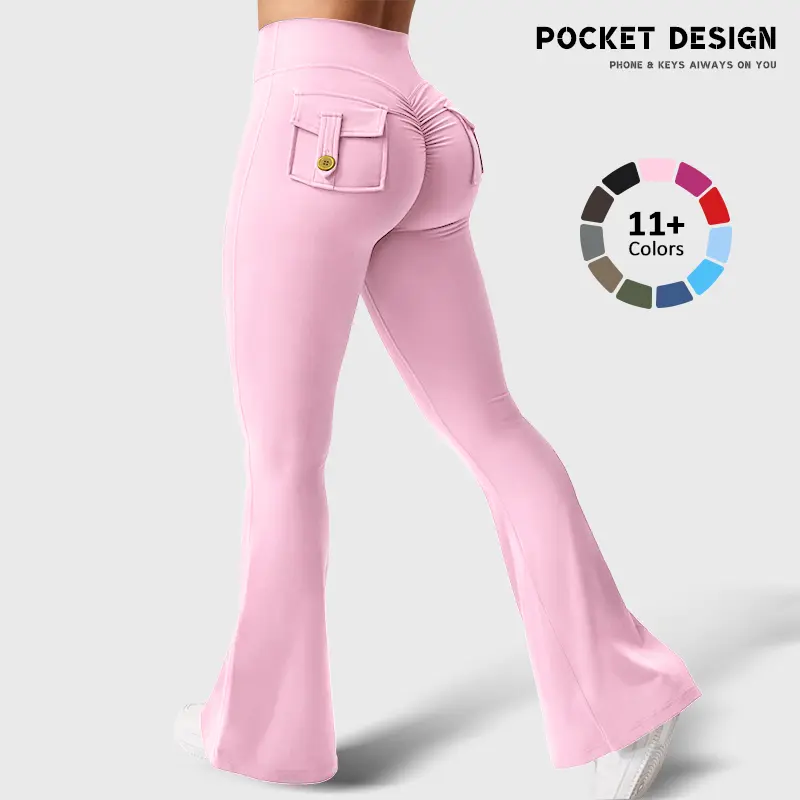 Women's Butt-Enhancing Yoga Pants, Plain High-Waist Tummy Control Bell-Bottom Leggings with Pockets for Workouts, Butt-Enhance