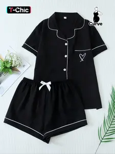 Women's Plus Size Pajama Set Fitted, Summer Short Sleeve Lapel Embroidered Top with Pockets & Bow Shorts, Casual Loungewear, Floral Pattern, Woven Moderate Fabric