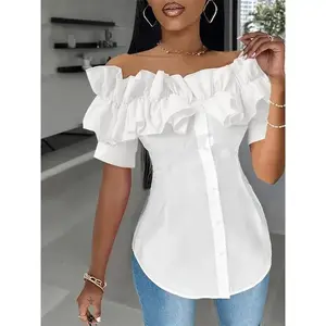 Layered ruffle off-shoulder top; elegant single-breasted slim shirt for spring and autumn; women’s fashion polyester fabric
