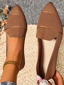 New Women's Casual Low Heel Pointed Toe Flat Shoes, Slip-On All Season Footwear, Comfortable Daily Wear, Textile Upper, Rubber Sole