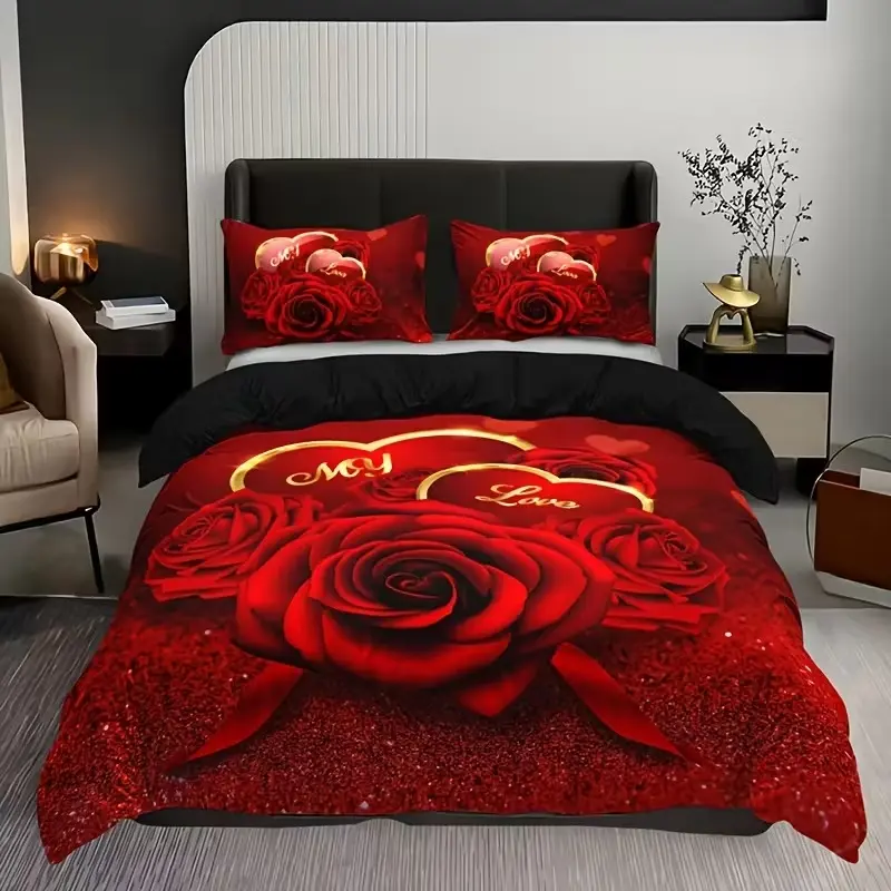 Romantic Rose Letter Quilt Set, 3pcs (1 Quilt + 2 Pillowcases), Valentine's Day High Definition Print Bedding, Decorative Bedding Set, Bedroom Bedding Set, Home & Dorm Use, Flower Quilt Set, Bed Sets