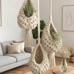 2-Piece Boho Macrame Wall Decor Set - Hand-Woven Tapestry & Hanging Water-Drop Fruit Basket - Aesthetic Woven Storage for Kitchen Plants, Bedroom & Living Room