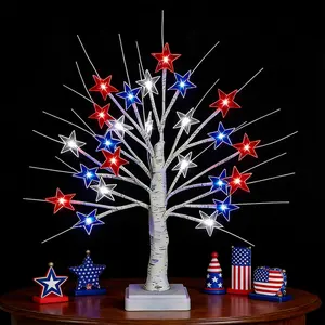 [Timer] 4th of July Decorations Patriotic Red White and Blue Tree Lights with 24 LED Stars, USB/Battery Operated Fourth of July Lights for Indoor & Outdoor Independence Day Decor