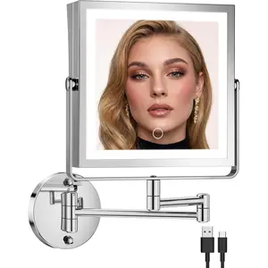 Rechargeable Wall Mounted Makeup Mirror with Lights, 4000mAh Double Sided 1X/10X Magnifying  Mirror with 3 Color Lights,  Dimmable, 360? Extension Foldable Arm (Chrome)