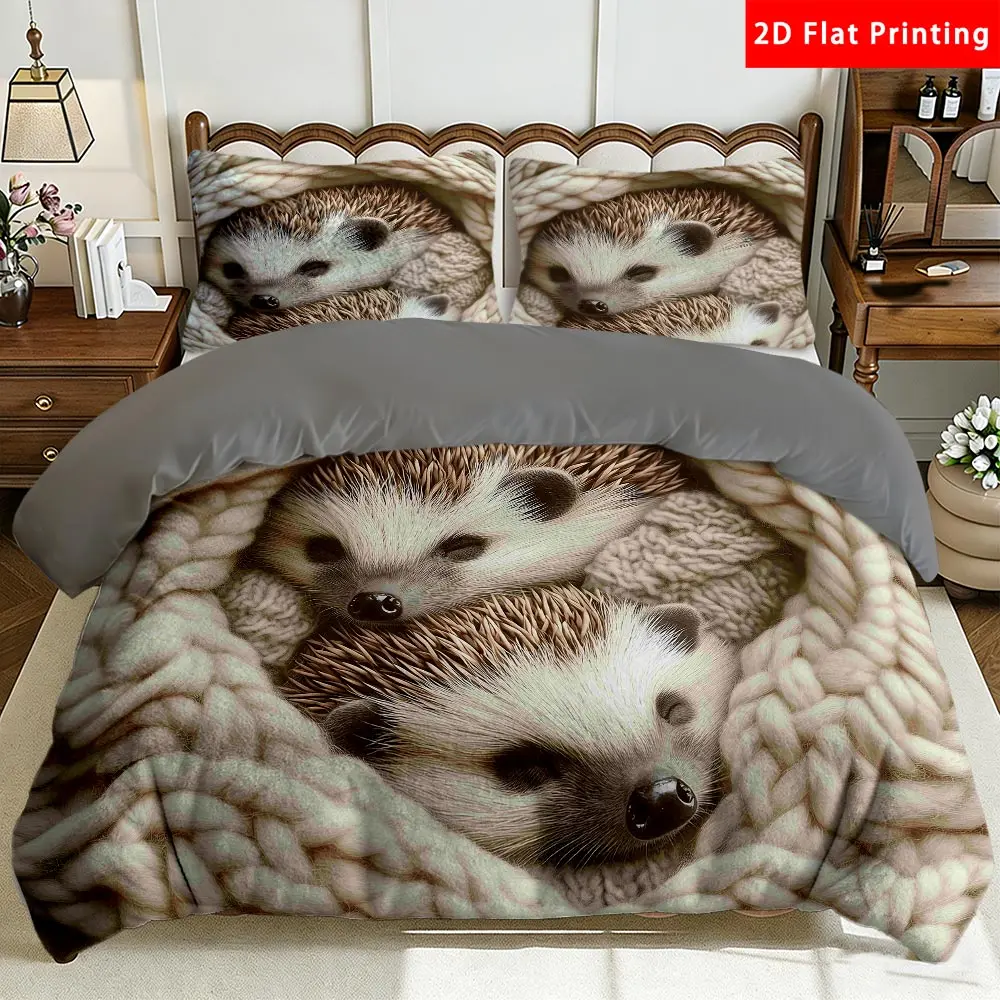 2/3 Pcs 2D Flat Adorable Hedgehog Milk Velvet Duvet Cover Set Hedgehog Bedding Set Quilt Cover 1 Duvet Cover + 1/2 Pillowcases Top Sheet Decorative Bedding Bedroom Decor The Preferred Pick for Bedding