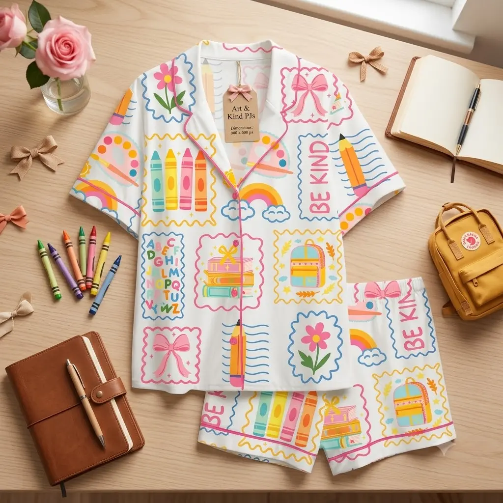 Teacher Pajamas Set, Back to School Pjs, Be Kind Gift, Cute Doodle School Supplies Sleepwear, Short Sleeve Button Down Loungewear, Pastel Crayon Rainbow Nightwear, Preschool Elementary Teacher Appreciation Shorts Set Outfits For Women Lounge Wear
