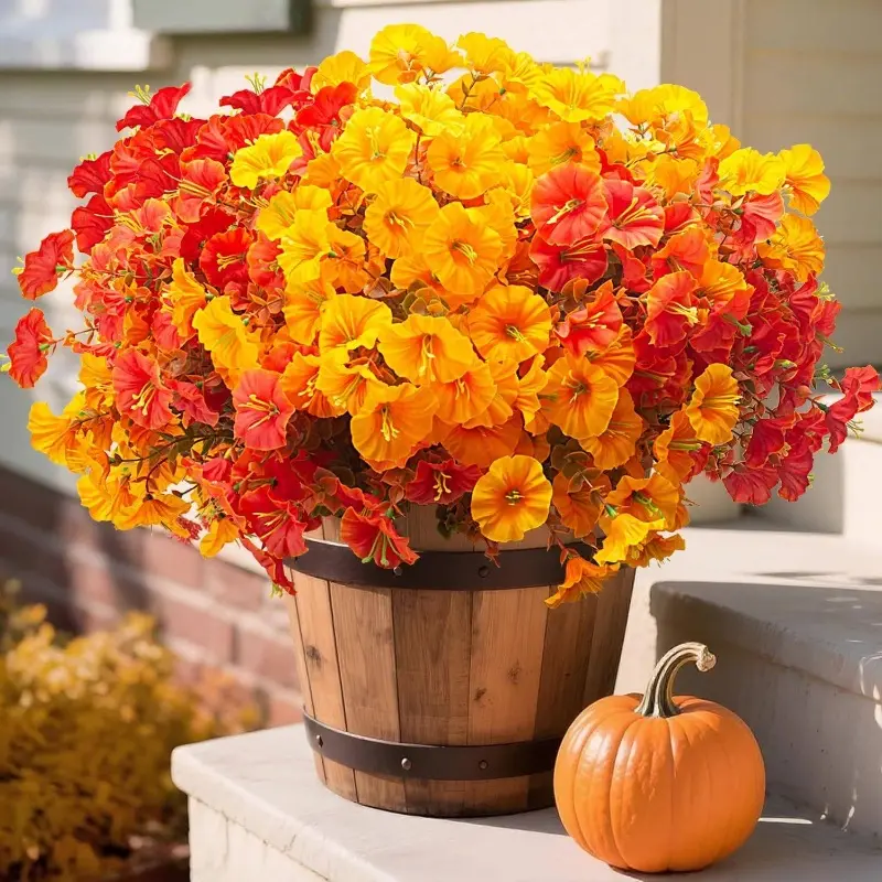 【New Fall Styles, Affordable Prices】6/12/18/24-Piece Outdoor Synthetic Artificial Flower Arrangement - Waterproof, Universal, Realistic Faux Plants with Orange,Yellow,Red,Brown Leaves for Patio,Porch,Front Door