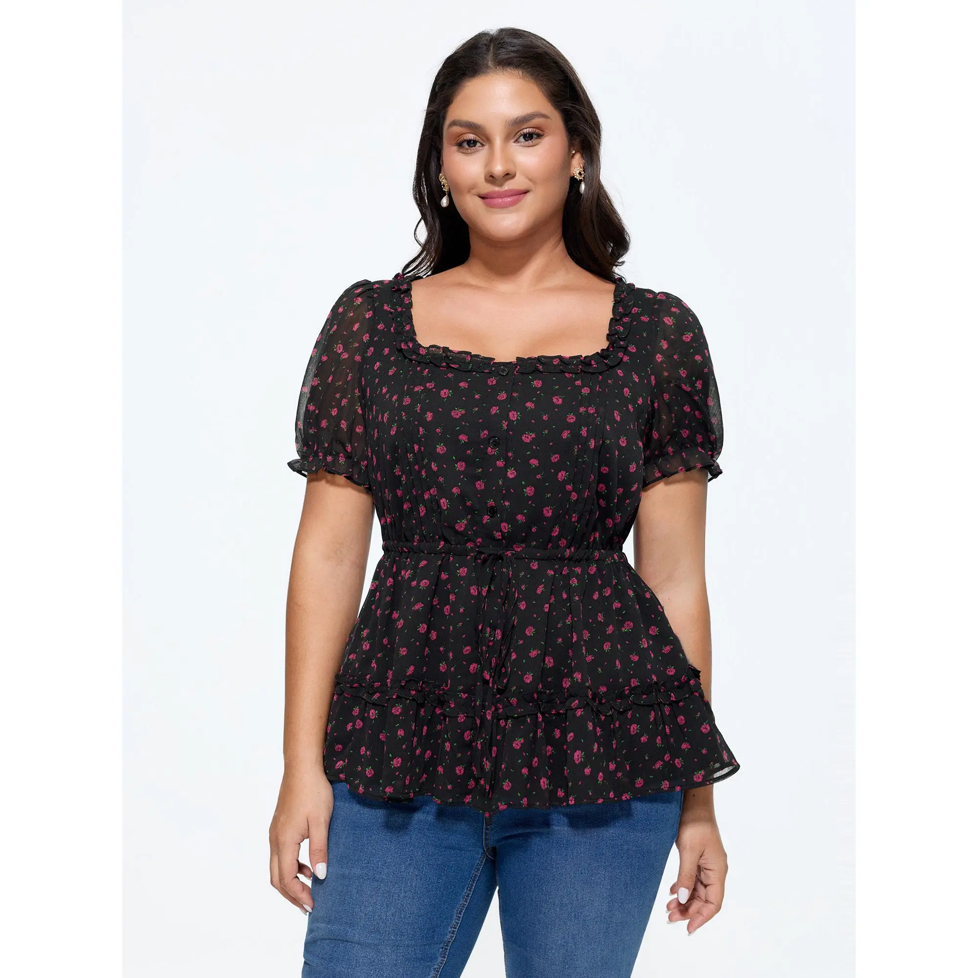 BloomChic Women's Plus Size Polyester Fabric Romantic Ditsy Floral Blouse, Short Sleeves, Puff Sleeves, Lace-Up, Cropped Fit for Summer Outfits