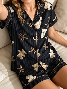 Women's Pajamas Set Vintage Preppy Aesthetic Old Money Soft Girly Teddy Bear Lover Cute Teddy Bear Bow Print Button Down Short Sleeve Silky Milk Silk Soft Relaxed Fit 2 Piece Elegant Nightwear Loungewear Set for Women