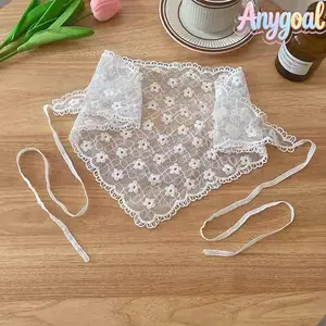 Anygoal Women's French Style Floral Lace Triangle Head Scarf, Sheer Embroidered Bandana Headwrap with Ties, Boho Cottagecore Lightweight Kerchief,Chapel  Adjustable Ruffled Trim Hair Scarf for Summer Daily Wear, Beach Travel and Casual Outfits summervibes
