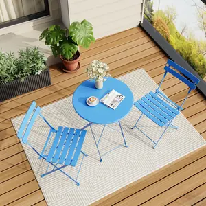 Premium Steel Frame Patio Bistro Set, 3-Piece Outdoor Folding Table and Chairs, Weather Resistant Conversation Sets of 2, Space Saving Patio Furniture for Backyard Balcony Porch Garden, Blue