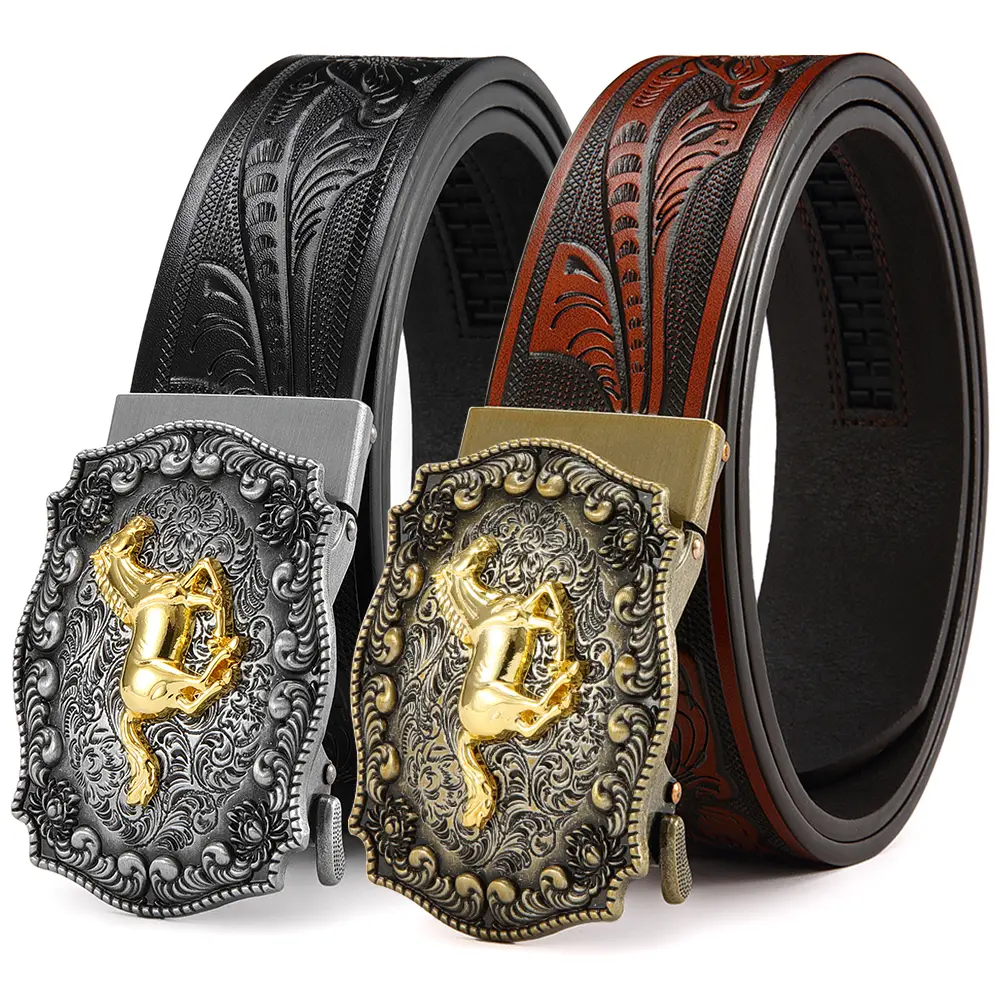 Men’s Western Cowboy Style Men Leather Automatic Ratchet Belt With Distressed Silver Buckle And Gold Embossed Horse, Exquisite Floral Embossed Belt Strap, Perfect Gift For Valentine's Day And Father's Day brown option