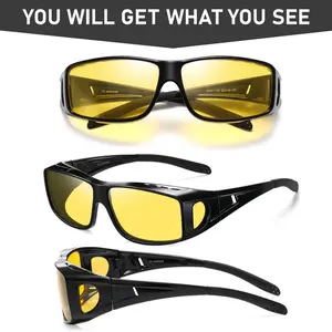 Night Vision Driving Glasses Fit Over Existing Eyewear Anti-Glare Polarized Yellow Lens Unisex Design for Men Women Enhance Night Drive Safety