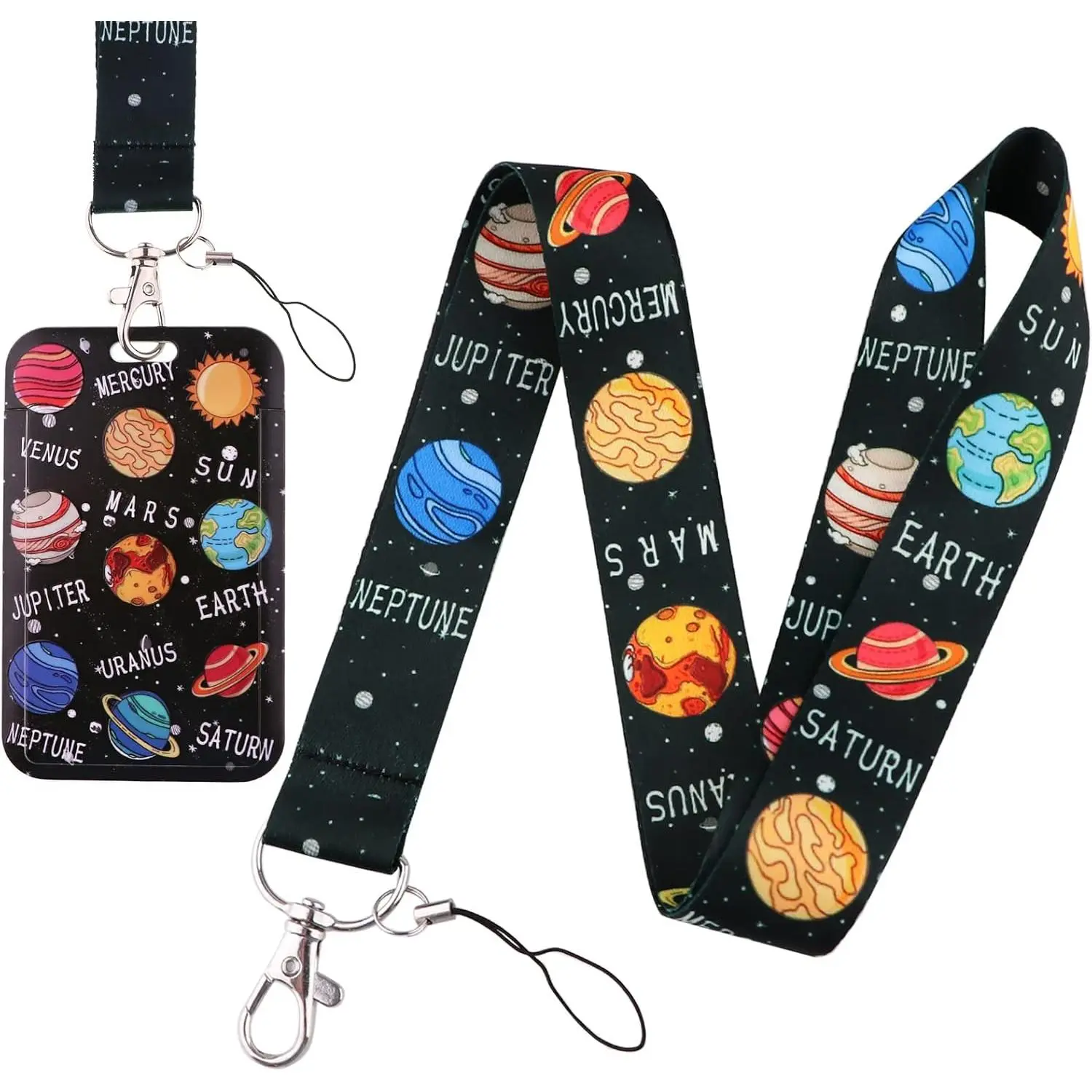 L-NKL009 Cool Badge Holder Lanyard for ID Badge Black Lanyard for Keys for Men Women Teens Boys Galaxy School ID Lanyard for Name Tag Card Keychain(Planet)