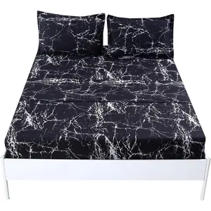 Black Marble, Super Soft Microfiber Bed Sheet 4 count, Marble Bedding Sheet Set Included 1 Fitted Sheet with 2 Pillowcases, 14 Inches Deep (Full, Black)