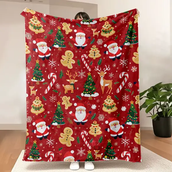 Festive Christmas Santa Throw Blanket, Soft Fleece Blanket with Santa Reindeer Candy Cane Gingerbread Print, Cozy Holiday Blanket for Couch Bed Sofa, Christmas Gift