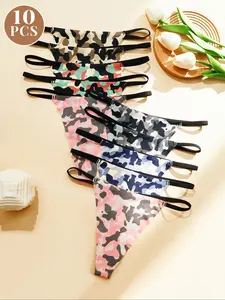 Women's Seamless Camouflage Thong Panties, Seamless Knicker, Breathable Fitted Underwear, Sexy Plain Design, All Seasons Comfort, Pack of 10, Panty Set