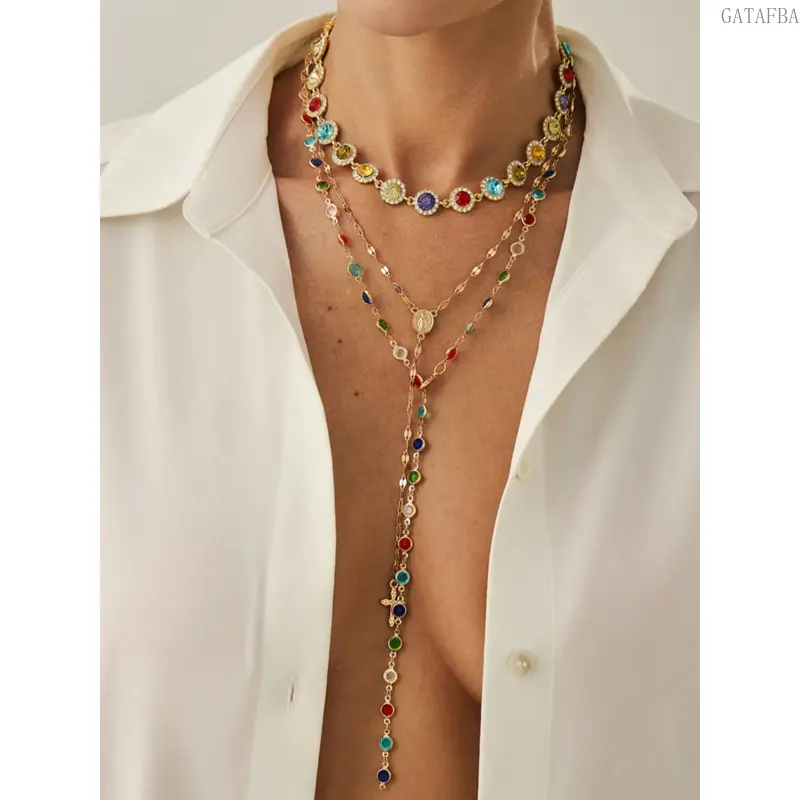 Women's Boho Alloy Assorted Chain Necklaces Set - Exquisite Trendy Charms Pendant, Colorful Crystal Decorative Necklace, Sports & Outdoor Dress Accessory for Daily Wear, Holiday Gifting