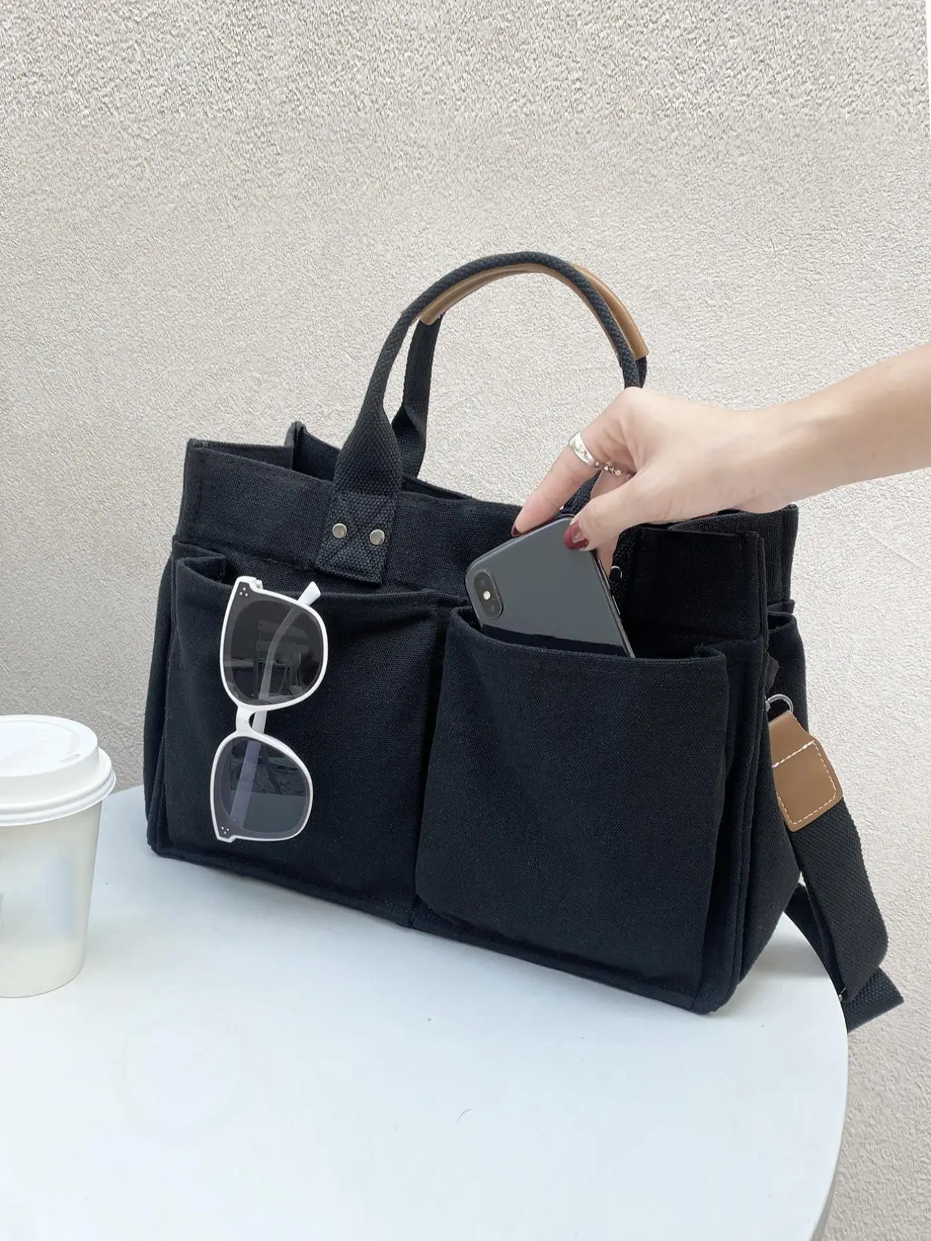 Solid Color Canvas Tote Bag for School, Large Capacity Oversize Trendy Shoulder Lux Bag for College, Fashionable Multi-pocket Crossbody Bag for Spring