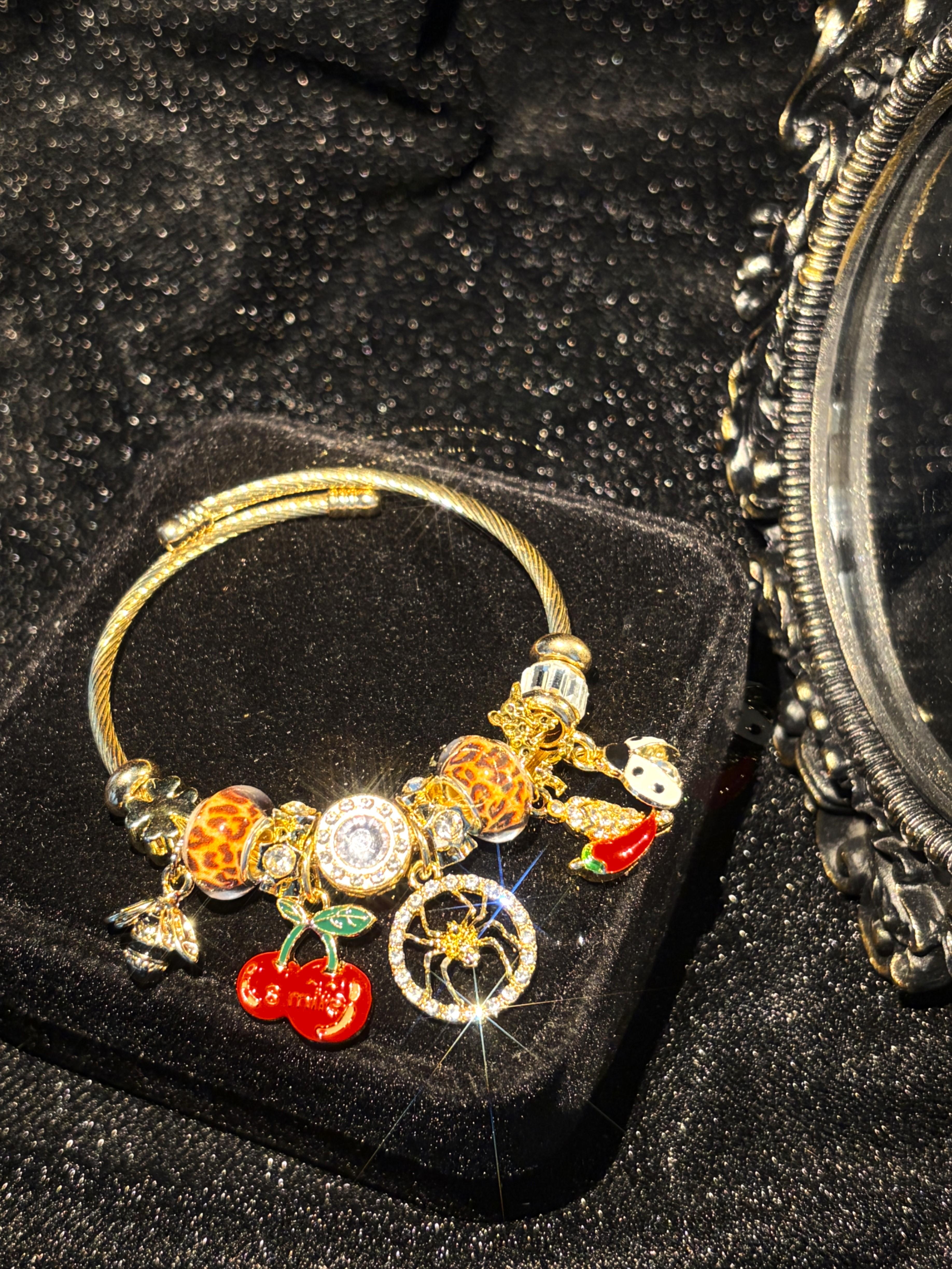 Women's Gold-Tone Open Bangle Bracelet - Leopard Print, Cherry, Spider, Bee, Chili Dangle Charms - Sparkling Rhinestone Enamel Statement Jewelry Gift for Women
