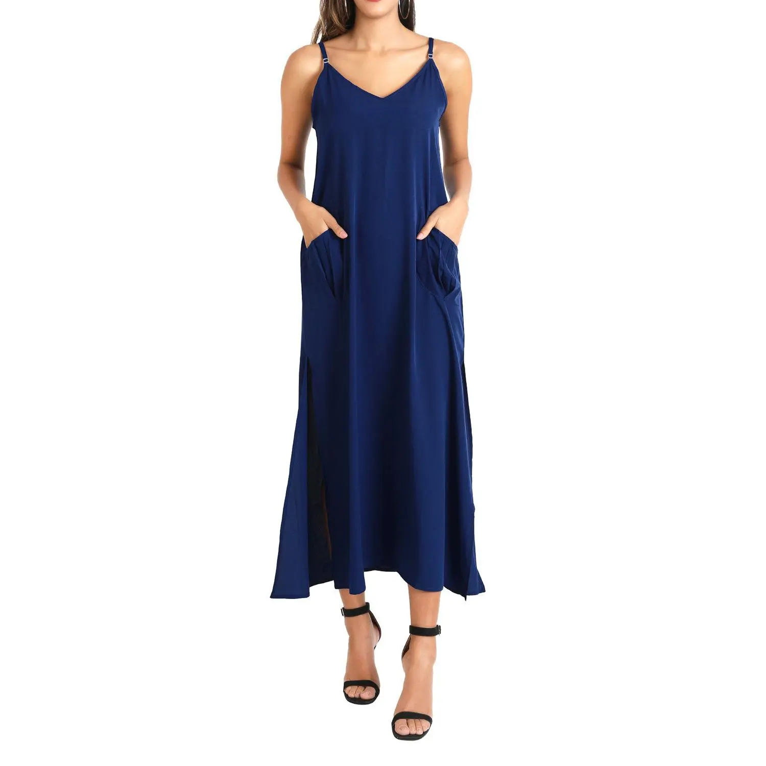 Miss Lavish London Kaftans Strap Dress with Pockets Navy S to 3XL