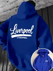 Men's Liverpool Print Hoodie with Drawstring and Kangaroo Pocket, Comfortable Casual Fashion Pullover, Long Sleeve Geometric Pattern Top, Graphic Print Hoodie
