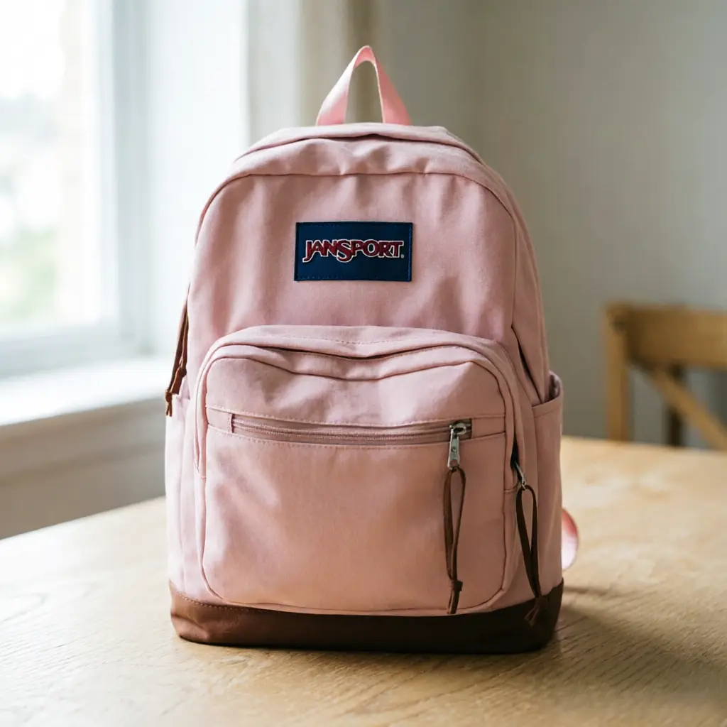 JanSport Classic Right Pack Unisex School Backpack - Premium Canvas Rucksack with Zipper, Recycled Poly, Laptop Sleeve, Organized Front Pocket, Leather Base Tech Bag, Blush Pink, Daily Use Bags