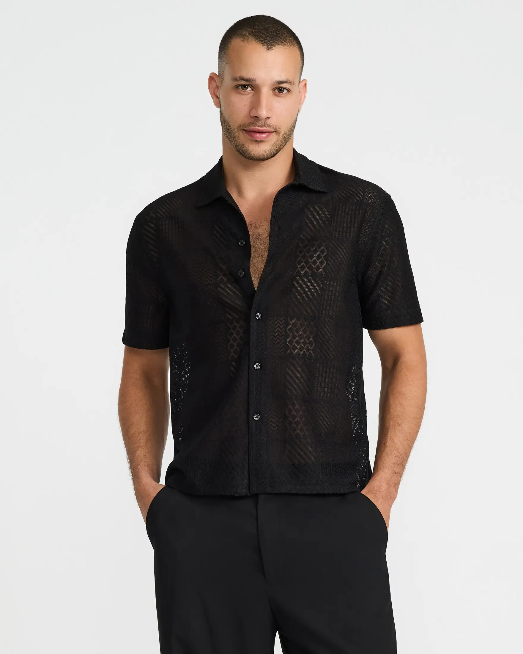 Express Men's Classic Polyester Short-Sleeve Casual Shirt - Full-Button Design, Textured Tile Pattern, Lace Accent
