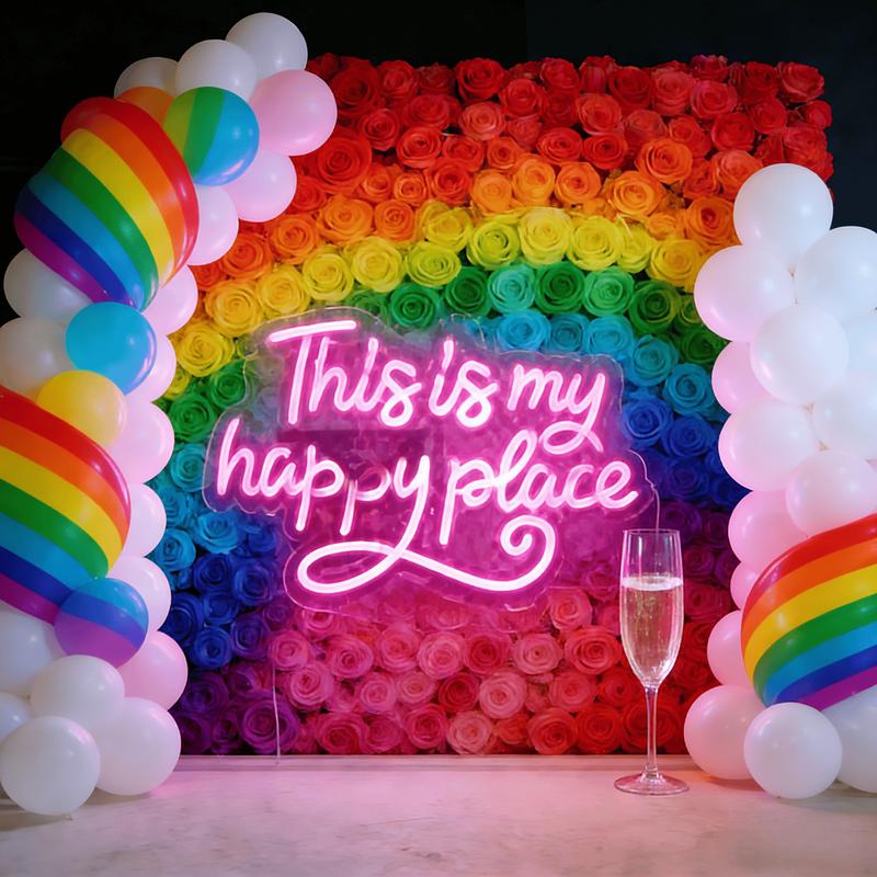 This is my happy place pink neon sign usb powered dimmable LED light sign, dimmable switch, birthday, christmas, thanksgiving, new year, housewarming gifts, family gathering, bar, game room, man cave, bedroom wall decoration