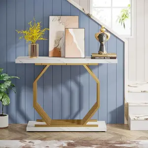 Emoottoo TB-F1790 40 in. Faux Marble Entryway Narrow Console Table with Geometric Metal Base - White & Gold