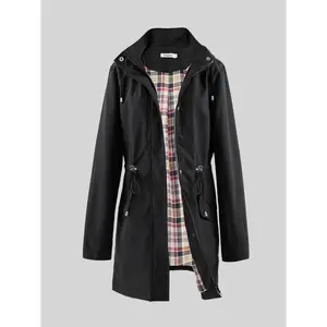 Women's Solid Color Drawstring Zipper Hooded Trench Coat, Casual Long Sleeve Waterproof Windproof Jacket, Suitable for Spring and Autumn, Women's Daily Wear Can be used with raincoat