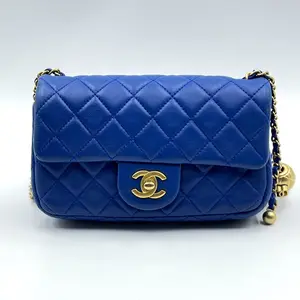 Pre-owned CHANEL Leather Shoulder Bags Blue Quilted Lambskin Mini Pearl Crush Flap Bag Aged Gold Hardware