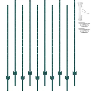 6 Feet Fence Post 10 Pack T-Post Heavy Duty Metal Fence Posts Green for Farm Ranch Garden Property Perimeter Fencing, Durable Steel Construction, Weather Resistant and Rust Free, Easy Install With Universal Wire Mesh Compatibility